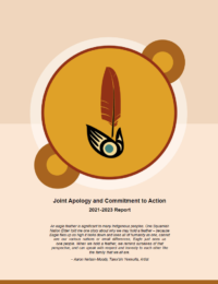Artwork by Aaron Nelson-Moody, depicting a hand holding a feather against large golden circle, with smaller brown circles on either side